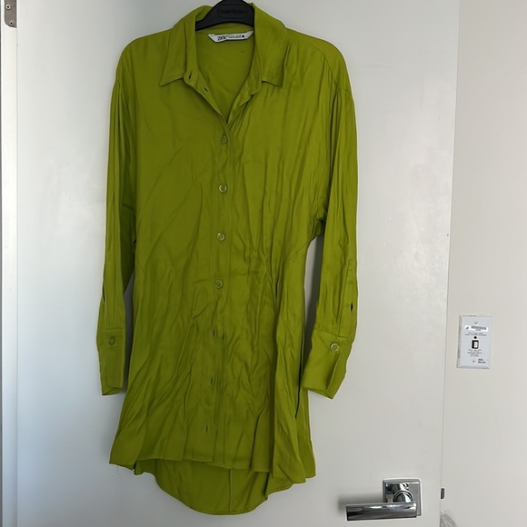 SOLD Lime Chartreuse Button up Over Shirt / Dress - Picture 4 of 8